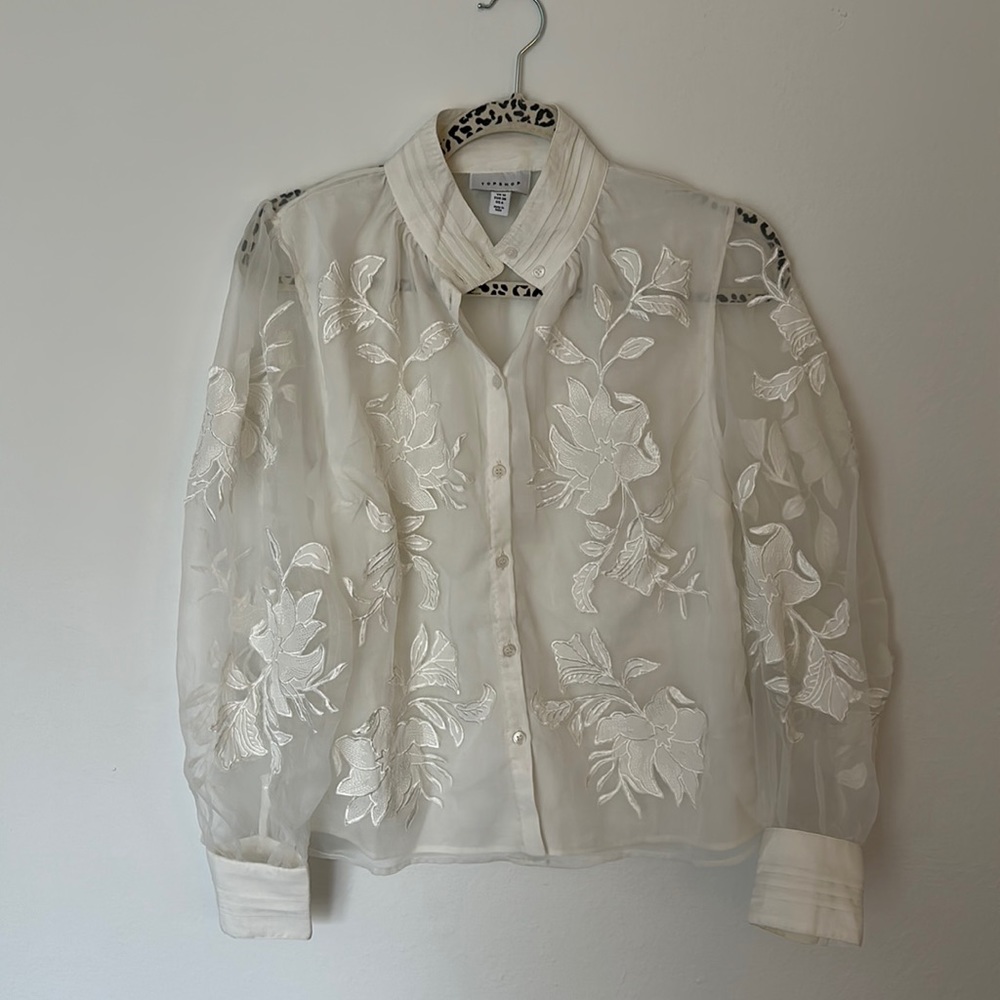 White Topshop embroidered button up with sheer sleeves